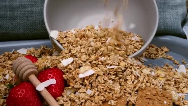 Granola Fragole Colazione Medio Zoom Colpo Selettivo Focus — Video Stock