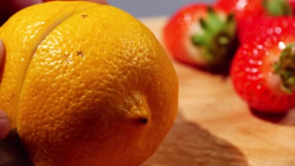 Slicing Fresh Lemon Fruit Knife Close Macro Slow Motion Selective — Stock Video