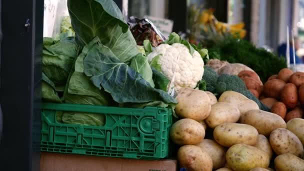 Verdure Fresche Vendita Una Bancarella Mercato Zoom Panning Medio Messa — Video Stock