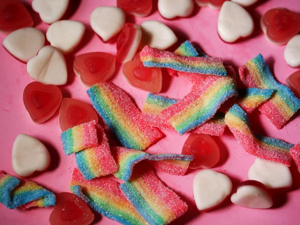 Candy Sweets Colorful Collection Pink Background Close Shot Selective Focus — Stock Photo, Image