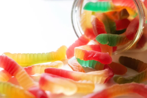 Glass Jar Jelly Gummy Worms White Background Candy Sweets Macro — Stock Photo, Image