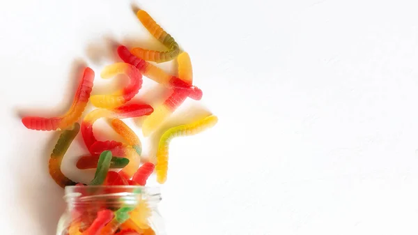 Glass Jar Jelly Gummy Worms White Background Candy Sweets Macro — Stock Photo, Image