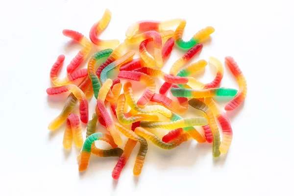 Jelly Gummy Worms Scattering Candy Sweets Close White Background — Stock Photo, Image