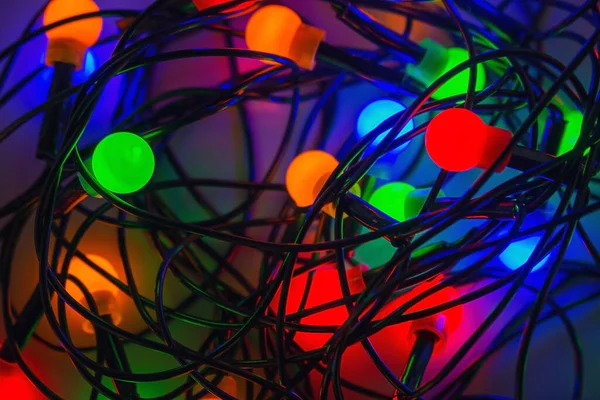 Multicolored Christmas Glowing Garland Close Soft Selective Focus Macro — Stock Photo, Image