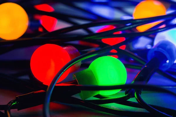 Glowing Christmas Multicolored Garland Close Soft Selective Focus Macro — Stock Photo, Image