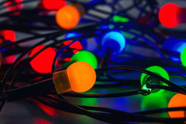 Glowing Christmas Garland Close Soft Selective Focus Macro — Stock Photo, Image