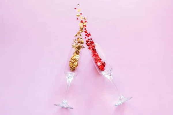 Champagne Glasses Confetti Concept Merry Christmas New Year Holiday Pink — стоковое фото