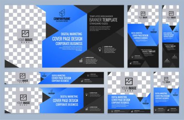 Mavi Web pankart şablonları seti, Kapaklı Standart boşluk boyutları. Vektör illüstrasyonu