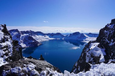 Blue volcanic lake behind snow in the winter, on the north slope of Tianchi Of Changbai Mountain on the border between China and North Korea clipart