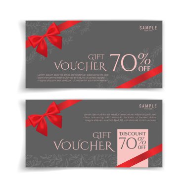 Kırmızı kurdeleli gri hediye çeki. Basit ve lüks bir tarz. Kurdeleli hediye kartı..