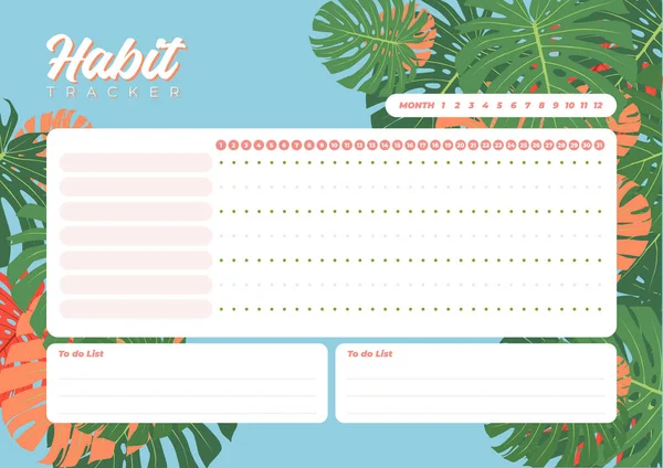 Monthly Planner Habit Tracker Blank Template — Stock Vector