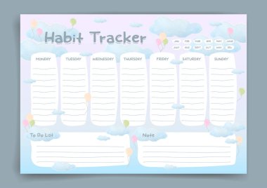 Haftalık planlamacı. Alışkanlık takipçisi. Aylık planlamacı. Aylık planlama alışkanlığı takip cihazı boş şablon. Vektör çizimi. Asgari düzeyde. Temiz stil. Yapılacak her gün. Sevimli stil.