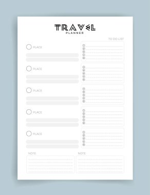 Travel planner. Travel planner template. Habit tracker. Blank template. Vector illustration. Minimal style. Clean style. Daily to do. 