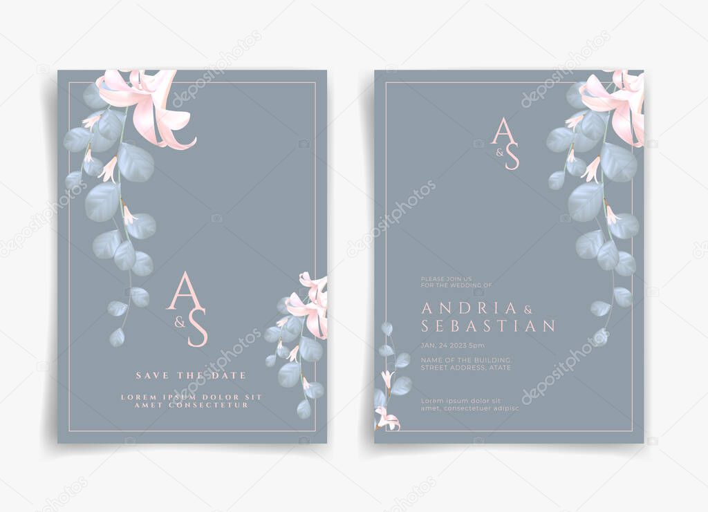 Blue wedding card or invitation card with pink flower and leaf theme front side and back side. Nature wedding card. Nature cover. Wedding card template.