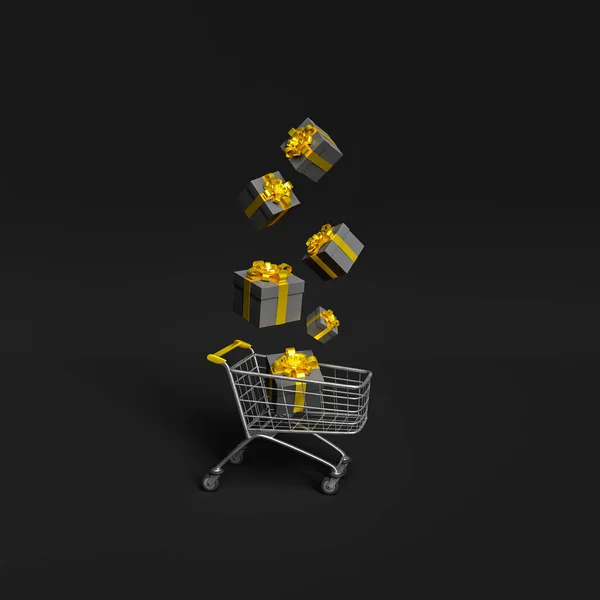 黒を背景に闇と黄金の贈り物を持つショッピングカート ブラックフライデーの概念です 3Dレンダリング — ストック写真