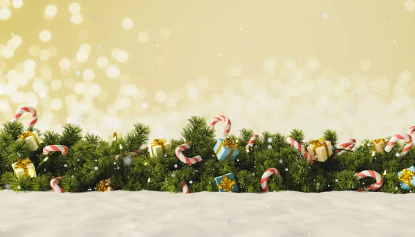 Havas Karácsonyi Háttér Díszes Koszorú Mögött Homályos Fény Háttér Renderelés — Stock Fotó