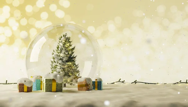 Karácsonyi Labda Hóban Ajándékokkal Háttérvilágítással Nem Fókuszált Renderelés — Stock Fotó