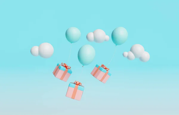 Cadeaux Volant Avec Des Ballons Attachés Des Nuages Autour Rendu — Photo