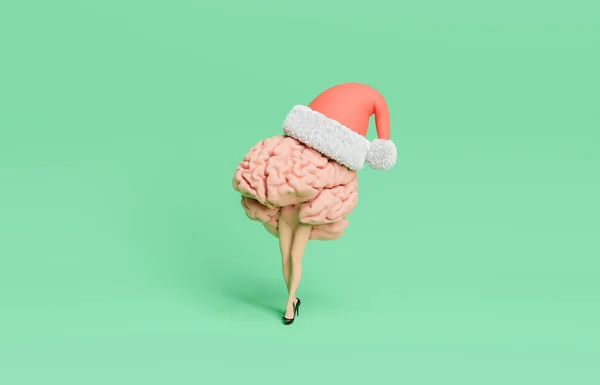 Mozek Stylizovanými Nohami Podpatky Vánočním Kloboukem Minimalistický Koncept Vykreslování — Stock fotografie