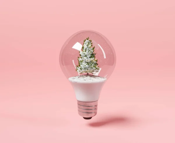 Lampadina Con Albero Natale Neve All Interno Concetto Minimalista Rendering — Foto Stock