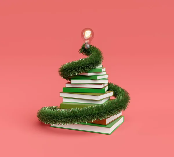 书页金字塔 顶部有螺旋形花环和灯泡 圣诞节的学习 学校和教育的概念 3D渲染 — 图库照片