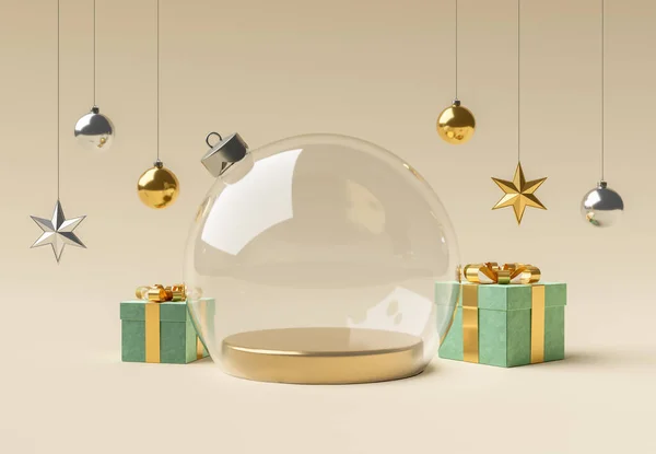 Etrafta süsler ve hediyelerle dolu boş bir kristal noel balosu. ürün gösterimi, sahne, silindir. 3d hazırlayıcı