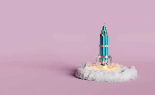 铅笔火箭带着浓烟起飞 创意的概念 3D渲染 — 图库照片