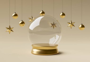 Boş noel balosu, etrafında altın taban ve süsler asılı. ürün sunumu. 3d oluşturma