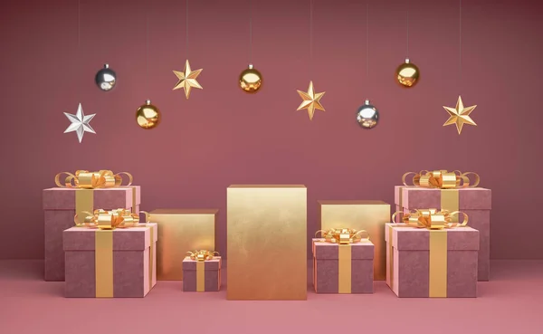 Zlatá Pódia Dárkovými Krabicemi Kolem Nich Vánoční Ozdoby Visící Vrcholu — Stock fotografie