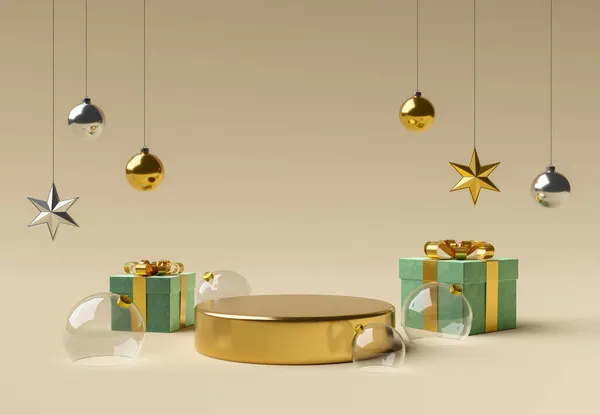 Etrafında cam küreler ve ürün sergisi için noel süsleri olan altın silindir. 3d oluşturma