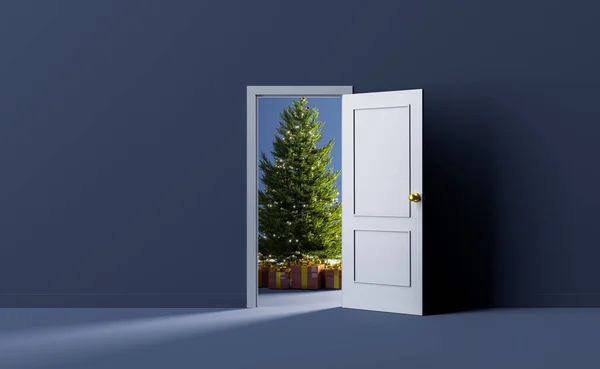 Χριστουγεννιάτικο Δέντρο Κουτιά Δώρων Πίσω Από Μια Πόρτα Χριστούγεννα Έννοια — Φωτογραφία Αρχείου