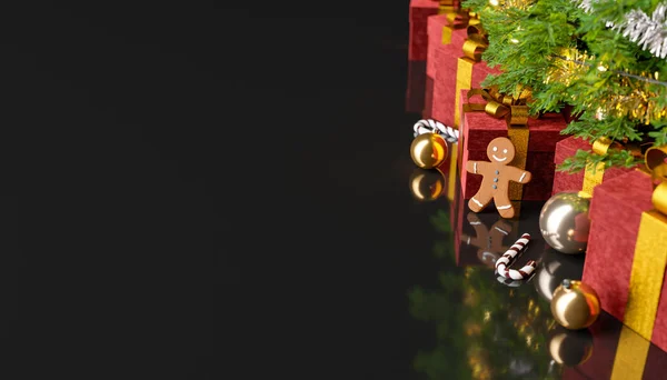 Крупним Планом Імбирний Чоловік Подарунками Різдвяними Кульками Навколо Темний Відбиваючий — стокове фото