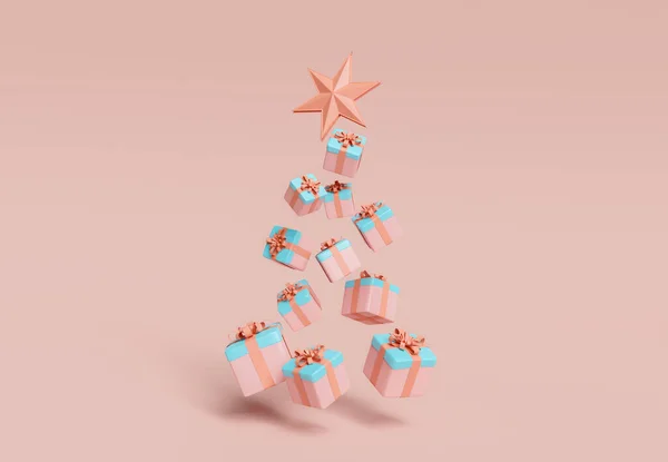 Plovoucí Dárky Tvaru Vánočního Stromku Hvězdou Vrcholu Minimalistický Vánoční Koncept — Stock fotografie