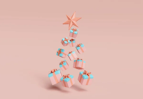 Üzerinde yıldız olan bir noel ağacı şeklinde uçan hediyeler. Minimalist Noel konsepti. 3d oluşturma
