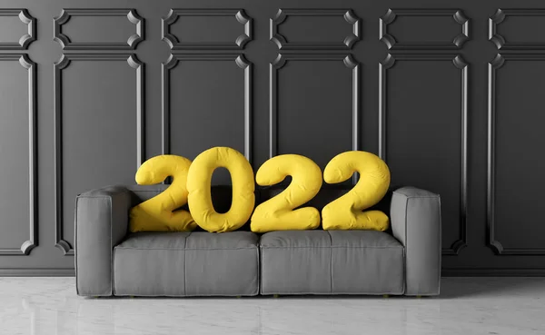 Gray Sofa Yellow Cushions Shape Number 2022 New Year Concept — Stock Photo, Image