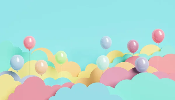 Tło Dla Dzieci Pastelowymi Kolorowymi Płaskimi Chmurami Balonami Wychodzącymi Między — Zdjęcie stockowe