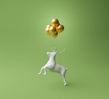 Boynuzlarına altın balonlar bağlanmış bir ren geyiği figürü. Minimalist yeşil arka plan. Noel konsepti, hediyeler ve kutlamalar. 3d oluşturma