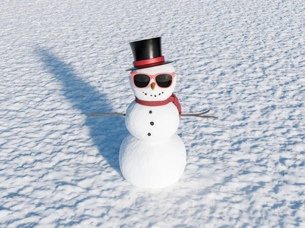白昼の雪上でサングラスとスカーフと帽子を持つ雪だるま 3Dレンダリング — ストック写真