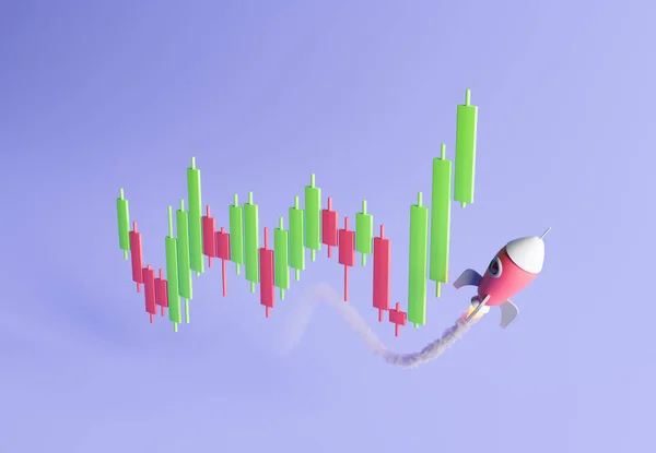 Candlestick Chart Rocket Rising Leaving Trail Smoke Cryptocurrency Concept Investment — Stock Photo, Image