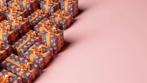 Fondo Con Muchas Cajas Regalo Con Patrón Corazones Espacio Para —  Fotos de Stock