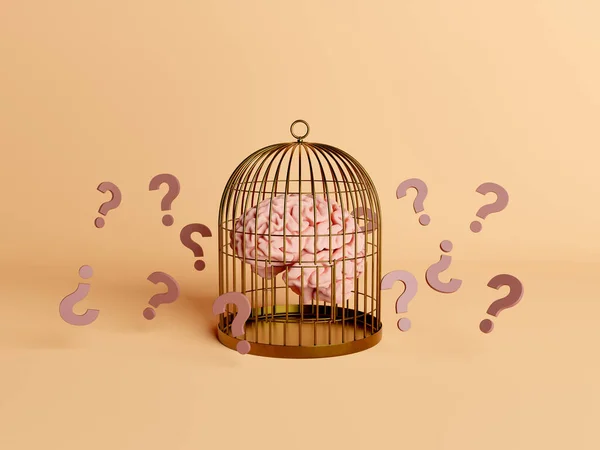 Cerveau Piégé Dans Une Cage Avec Des Points Interrogation Flottant — Photo