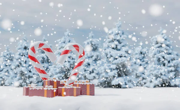 Karácsonyi Cukornád Alkotó Szív Ajándékok Alatt Egy Havas Táj Elmosódott — Stock Fotó