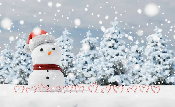 Hóember Karácsonyi Cukornád Egy Havas Táj Elmosódott Fák Háttérben Másolás — Stock Fotó