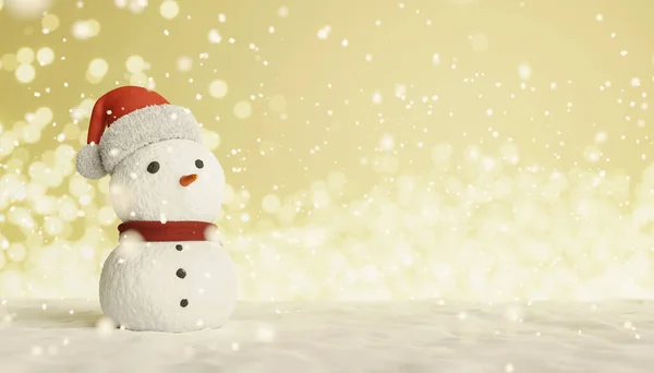 Pupazzo Neve Con Cappello Babbo Natale Sfondo Innevato Con Luci — Foto Stock