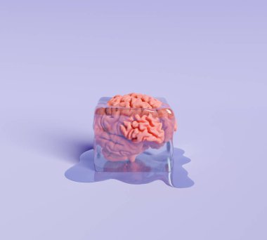 Buz küpünün içindeki insan beyni çözülüyor. 3d oluşturma
