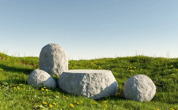 Kamienny Wyświetlacz Produktu Stoją Zielonej Łące Kwiatami Czyste Niebo Renderowanie — Zdjęcie stockowe