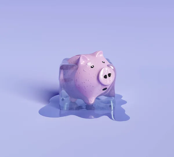 小猪银行在冰块里融化了 3D渲染 — 图库照片