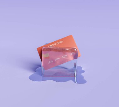 Buz küpünün içinde erimekte olan bir kredi kartı. 3d oluşturma
