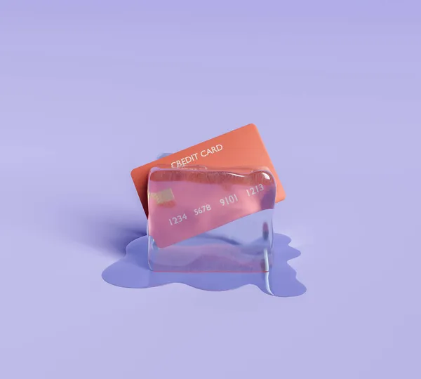 信用卡卡被困在冰块融化的地方 3D渲染 — 图库照片
