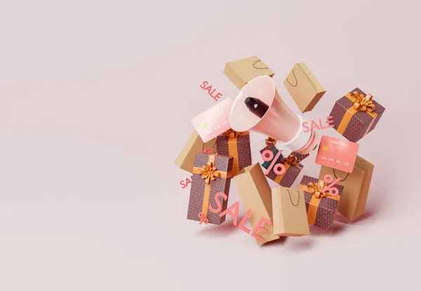 İçinde hediyeler ve kredi kartları olan alışveriş çantaları megafon ve satış sembolleri. Noel alışverişi konsepti. 3d oluşturma